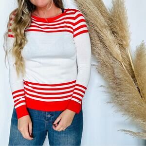 TOMMY HILFIGER Bright Red White Bold Stripe Nautical Preppy Pullover Sweater XS